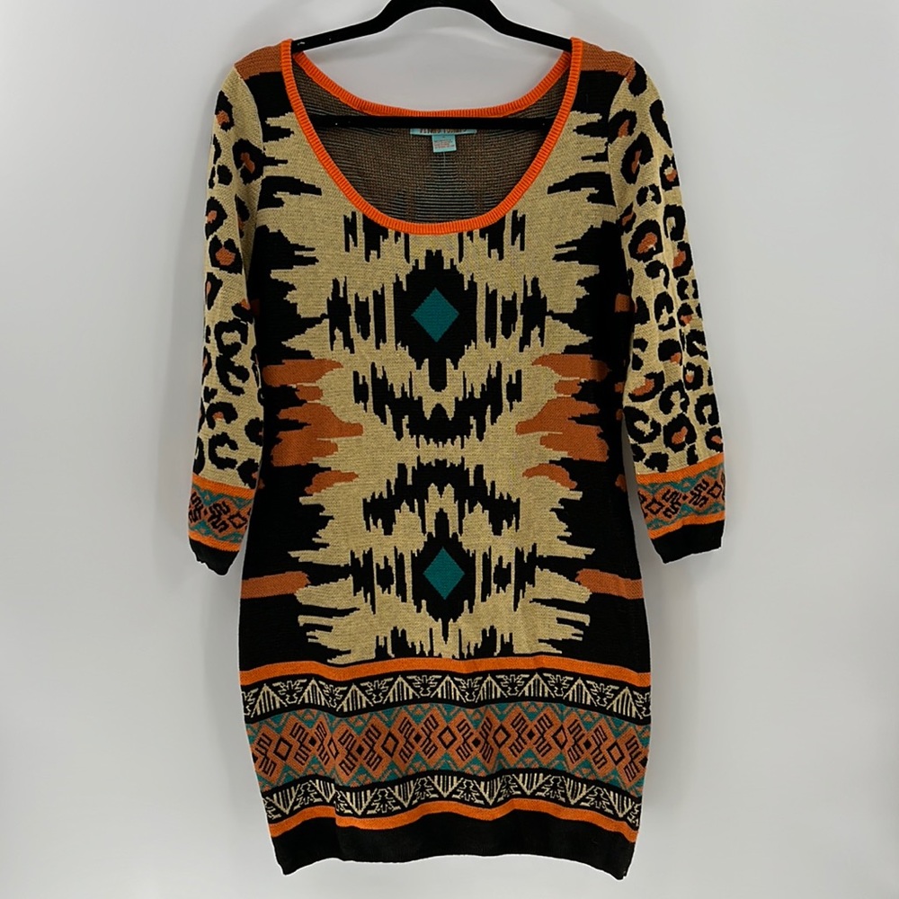 Flying Tomato Black and Tan Patterned Long Sleeve Dress